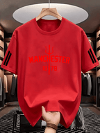 Men'S Casual Manchester Graphic T-Shirt - Casual Style, Soft And Breathable, Eye-Catching Lettering Design, Round Neck Short Sleeve Summer Tee, Urban Trendy Apparel - Red