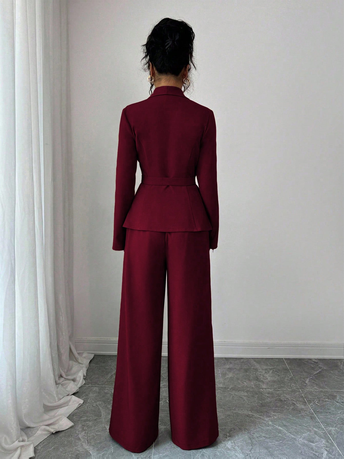Women's Elegant Lapel V-Neck Long Sleeve Unique Design Belted Button-Up High-End Blazer and Straight-Leg Wide-Leg Pants 2pcs Set, Autumn Commuter Outfit for Women - Deep Red
