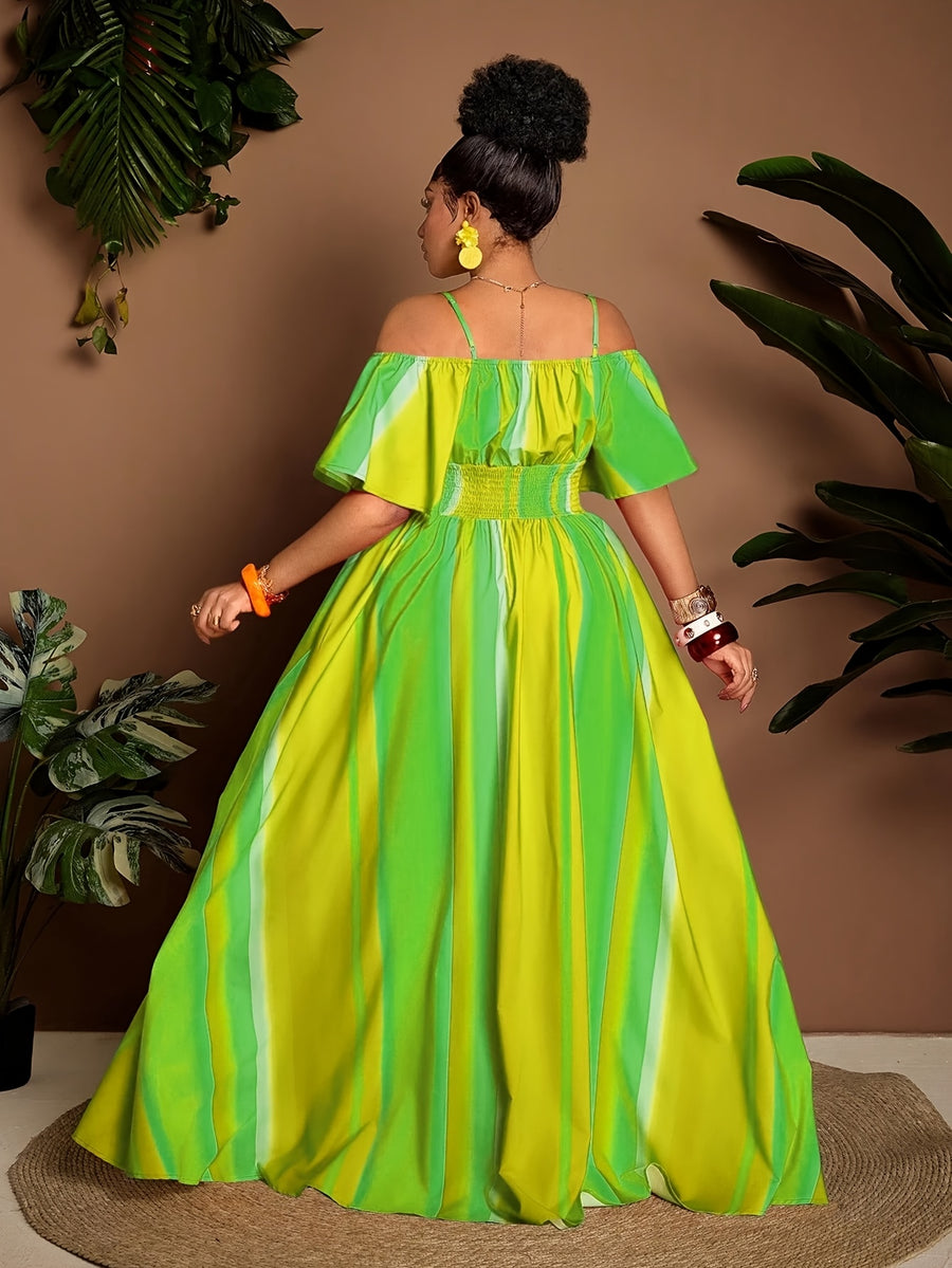 Plus Size Women'S Printed New Spring Summer Off-Shoulder Long Dress - Yellow
