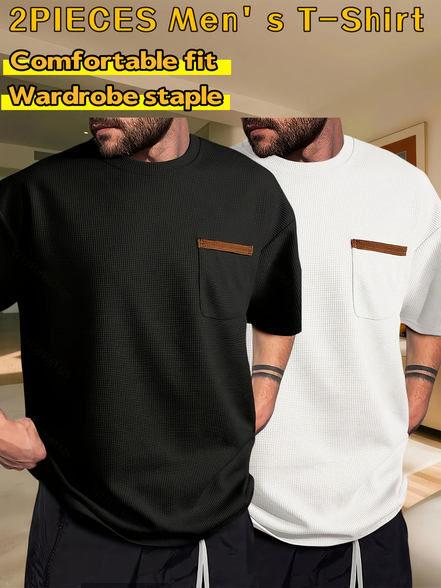 Men's Waffle-Knit Short Sleeve T-Shirt - Breathable Base Layer & Casual Round Neck Pocket Tee, Solid Color Suitable for Gym, Casual Attire, Machine Washable, Spring/Summer Layering Shirt, High-Fit Rate for Lifestyles - Black+White