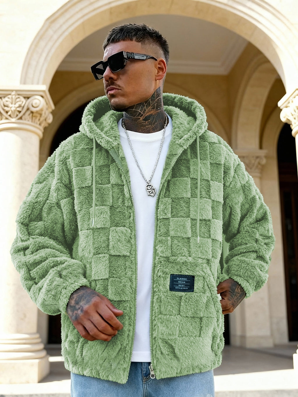 Pearson OBM Men's -Lined Hooded Long-Sleeve Warm Jacket, Comfortable Outerwear, Men's Casual Loose-Fit Jacket, Suitable for Autumn and Winter, Zipper Design, Ideal for Daily and Home Wear - Light Green