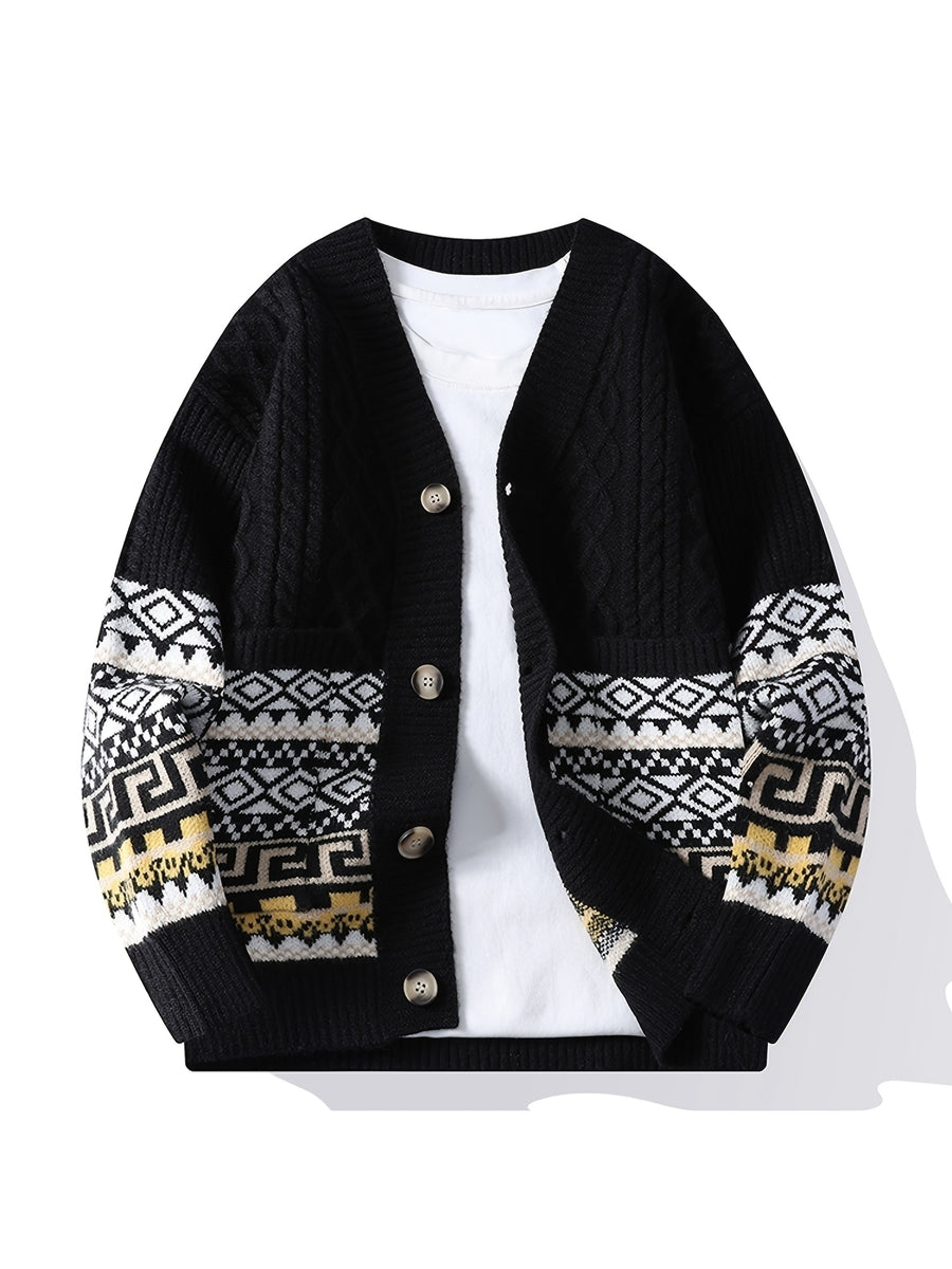 2026 Spring New Arrival Men's Knitted Cardigan, Patterned Outerwear Top - Black