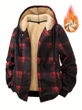 Men's Plaid Check -Like Jacket with Hood - Thick Winter Warmth, Single-Breasted Button Closure & Chest Pocket, Casual Collar Coat for & Young Men (Machine Washable, Plaid Pattern) - Outdoor & Daily Wear - Deep Red