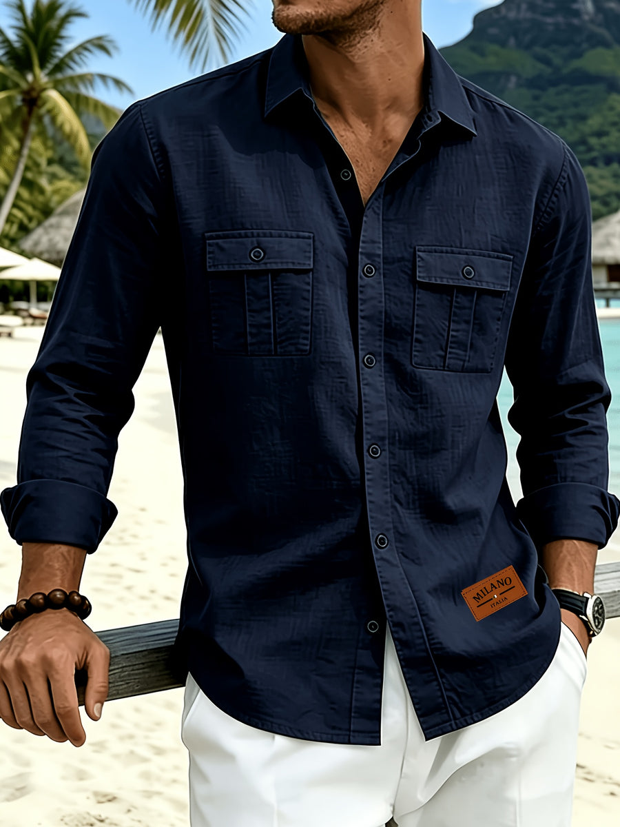 [Pearson OBM] Milan New Men'S Lapel Long Sleeve Shirt Light Luxury Premium Casual Loose All-Match Top Suitable for Seaside Vacation Beach Outing Travel Walking Daily Commute City Outing Date Party Home Wear Fresh Neat Comfortable Durable Good-Lookin - Navy