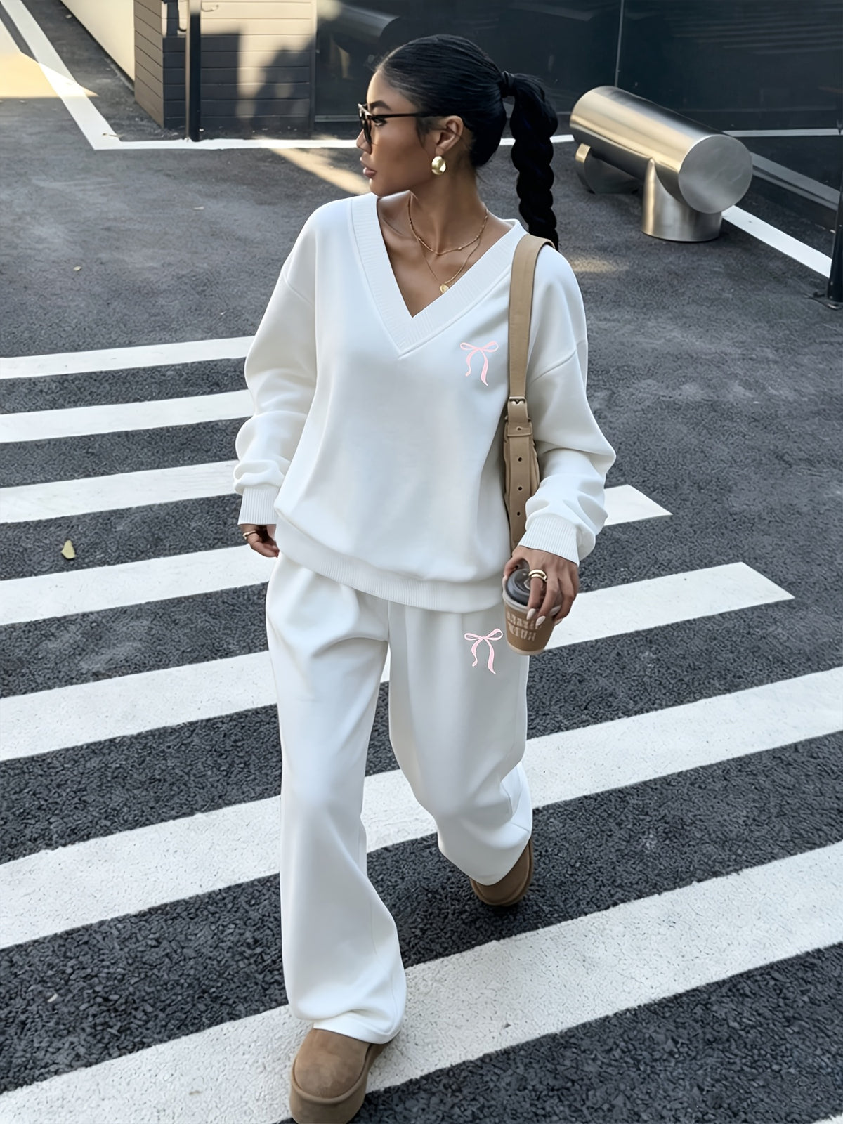2pcs Women Bow Decor V-Neck Oversized Loose Sweatshirt And Sweatpants Set, Casual - White+White