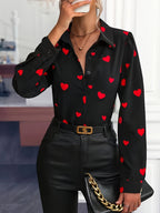 Fortune-Attracting Targeted Love Heart Print Slim-Fit Long Sleeve Shirt - Black
