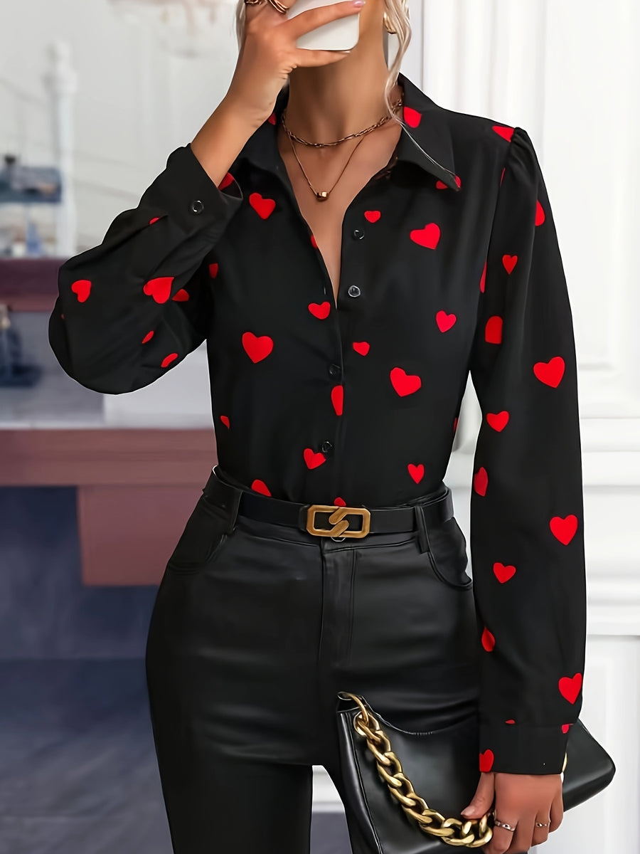 Fortune-Attracting Targeted Love Heart Print Slim-Fit Long Sleeve Shirt - Black