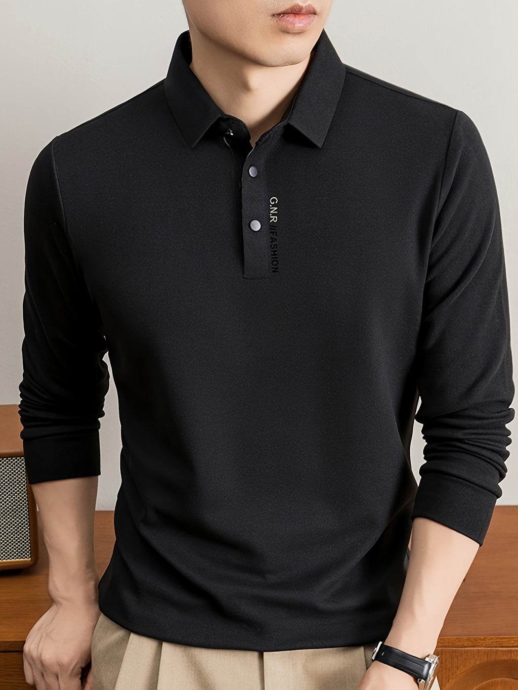 New Autumn 2026 Men's Long-Sleeve T-Shirt, Solid Color Lapel, Simple Daily Wear, Casual Polo Shirt - Black