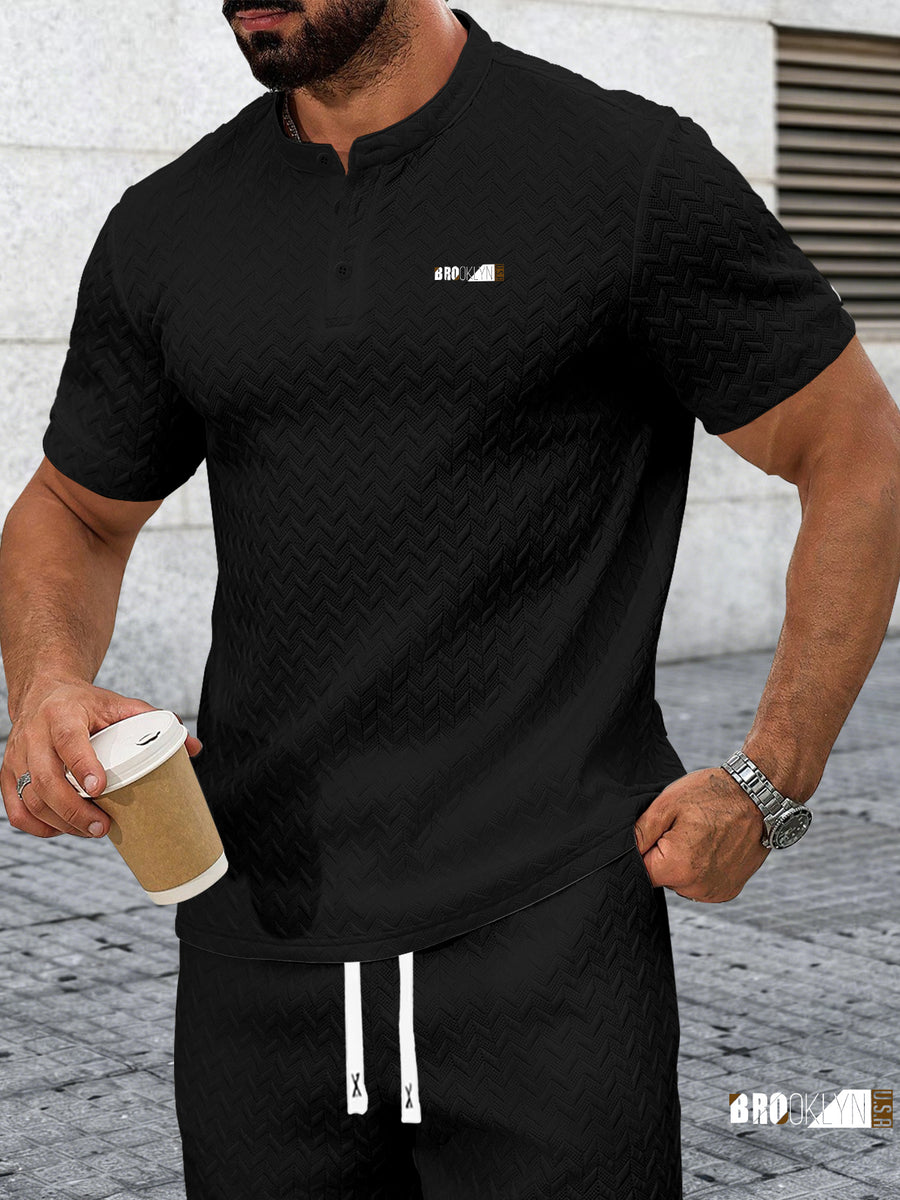 Men's Summer Casual Textured Short-Sleeve T-Shirt, Breathable Textured Jacquard Crew Neck Henley Shirt with Buttons, Regular Fit Suitable for Outdoor and Daily Wear, Men's Textured Short-Sleeve Henley Shirt - Black