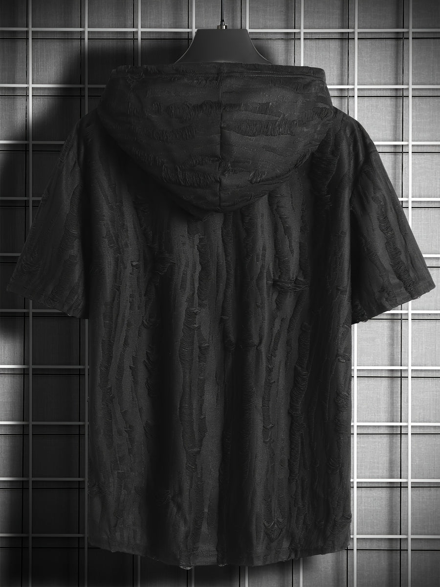 Men's Minimalist Casual Sport Short-Sleeve T-Shirt, Lightweight Wrinkle-Resistant Fabric, Breathable and Wear-Resistant, Hooded Drawstring Design, A Must-Have Summer Fashion Item, Practical Kangaroo Pocket, Dark Textured Feel, Trendy and Cool Style - Black