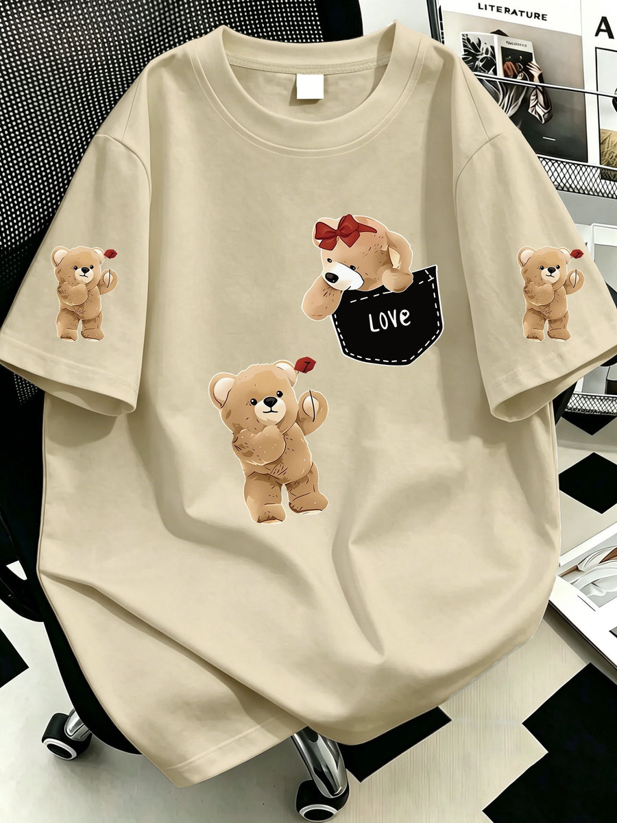 Women' Oversized Pocket Bear T-Shirt - Loose Fit Midi-Length Short Sleeve Round Neck -Compatible Top with Hip-Covering | Spring Summer Casual Wear Suitable for Layering, Machine Washable Non- Pocket Tee - Linen