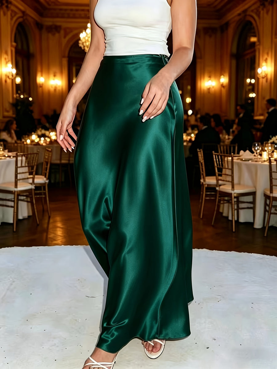 French-Style Elegant Satin Midi Skirt, Flowy A-Line Flared Skirt, Mature-Chic High-End Gown - Dark Green