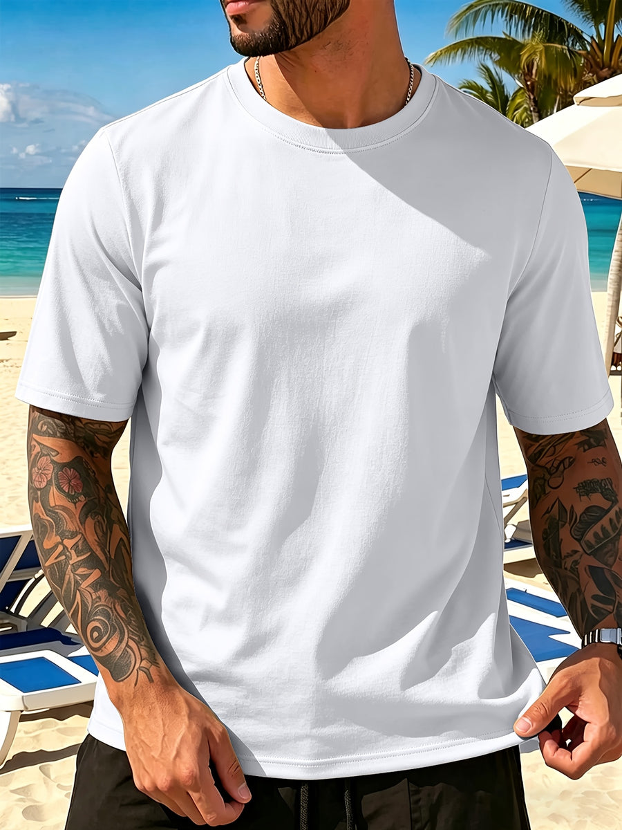 Men's New Pure Cotton Short Sleeve Round Neck T-Shirt, Comfortable, Soft, and Breathable, Perfect for Vacation, Leisure, and Daily Wear, a Summer Essential - White