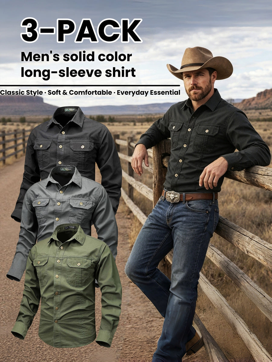 Men'S 3pcs Set of Solid Color Long-Sleeve Work Shirts, Double-Pocket Practical Western Style Shirts, Suitable for Outdoor, Construction Site, Commuting And Various Indoor/Outdoor Scenarios, Autumn Menswear - Black+gray+green