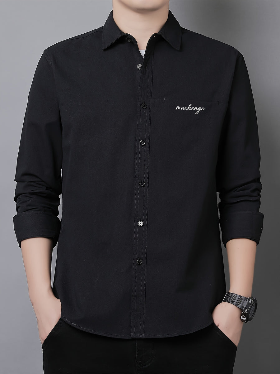 Men'S Long Sleeve Shirt with Lapel, Easy Letter Print Solid Color Hidden Single Pocket Casual Shirt, Washed Breathable Fabric, Spring/Autumn Commute Daily Wear Men'S Top, Inner And Outer Wear Multi-Color Available - Black