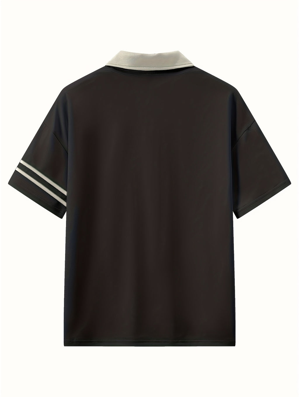 Men's New Polo Shirt, Black Base with Beige Contrast Collar, Double White Stripes on Cuffs, Abstract Line Portrait Print on Chest, Loose Fit, Artistic and Atmospheric, Suitable for Daily Casual and Commute. - Black