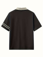 Men's New Polo Shirt, Black Base with Beige Contrast Collar, Double White Stripes on Cuffs, Abstract Line Portrait Print on Chest, Loose Fit, Artistic and Atmospheric, Suitable for Daily Casual and Commute. - Black