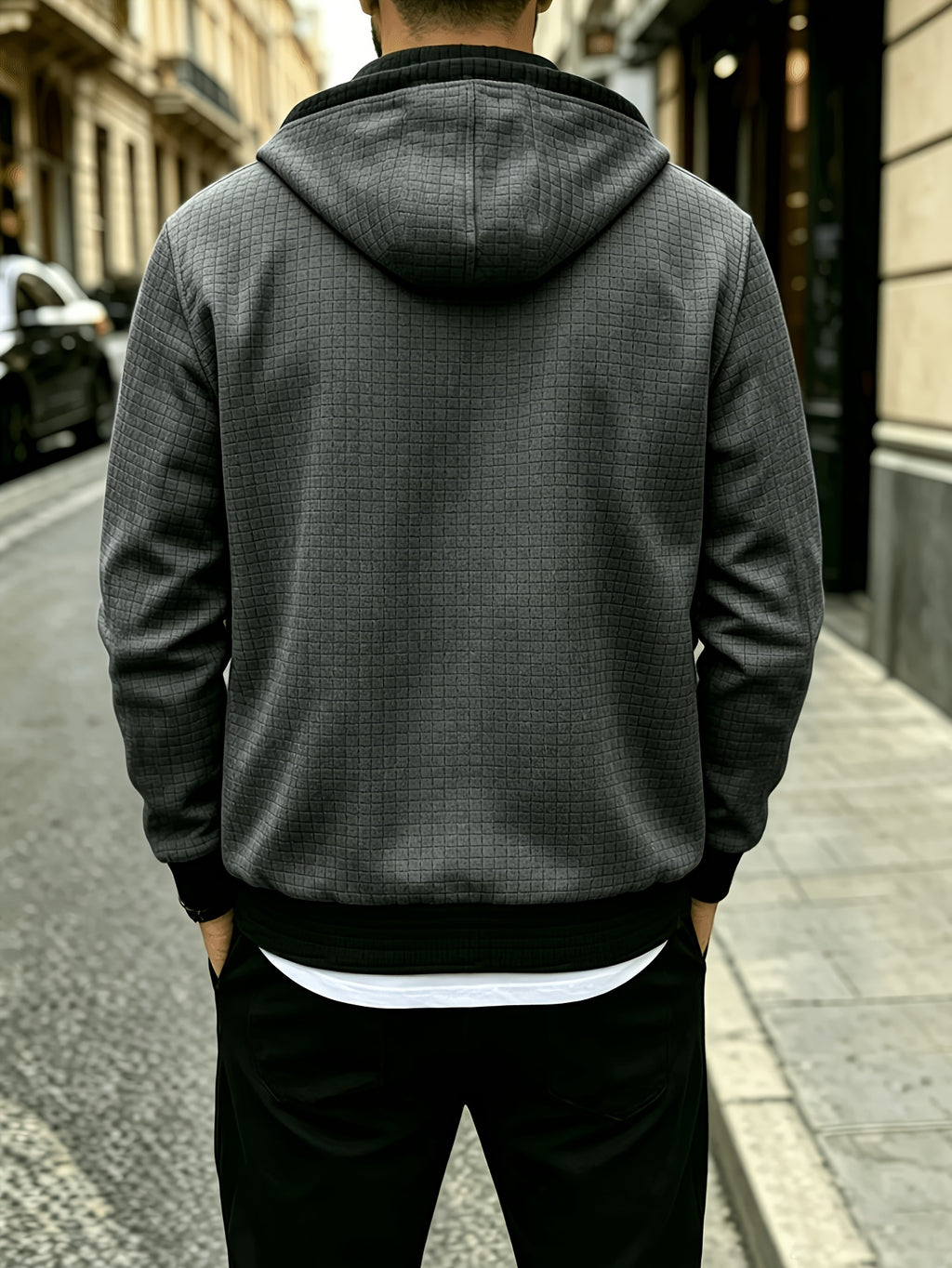 Men'S Fashion Hooded Color-Block Waffle Jacket, Zipper with Drawstring Coat, Suitable for Daily Commute, Outdoor Casual Sports Jacket - Deep Gray