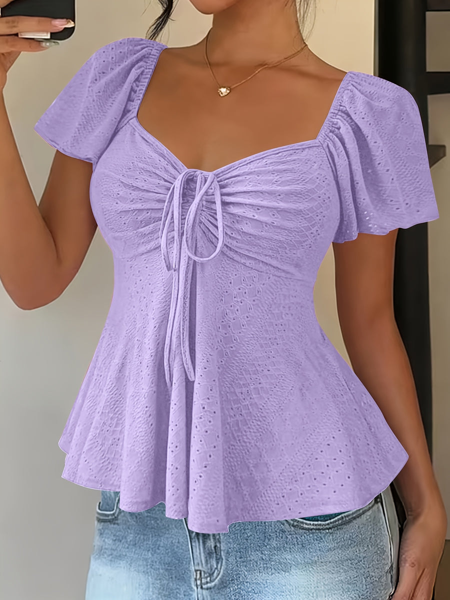 Fashionable and Elegant Spring/Summer New Arrival Y2K Solid Color Jacquard Comfortable and Breathable V-Neck Drawstring Short Sleeve Top Women's T-Shirt - Purple