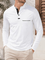 2pcs Men's Stand Collar Long Sleeve Henley Shirt, Casual Half-Button T-Shirt with Pockets, Lightweight and Breathable Stand Collar Pullover Top, Suitable for Daily, Office, and Outdoor Scenes - Light White+Wine Red