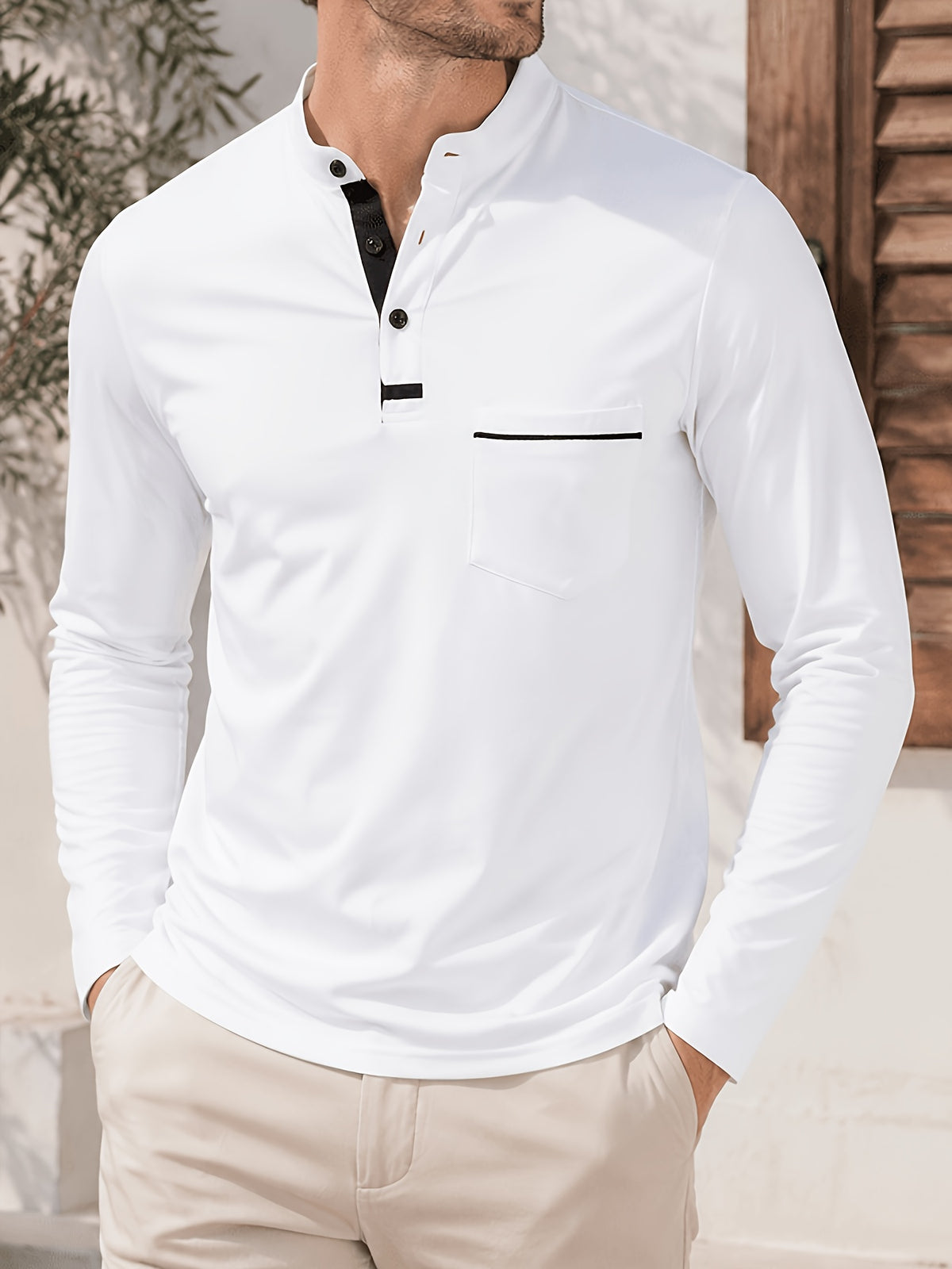 2pcs Men's Stand Collar Long Sleeve Henley Shirt, Casual Half-Button T-Shirt with Pockets, Lightweight and Breathable Stand Collar Pullover Top, Suitable for Daily, Office, and Outdoor Scenes - Light White+Wine Red