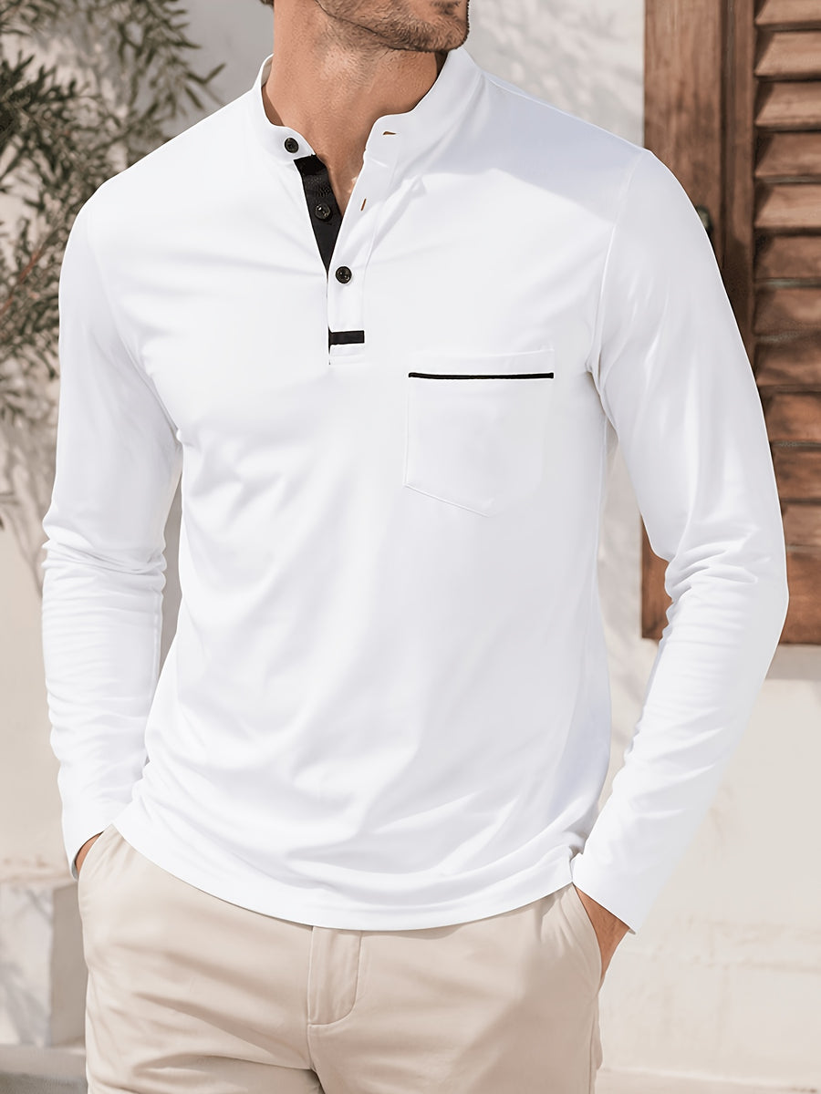 2pcs Men's Stand Collar Long Sleeve Henley Shirt, Casual Half-Button T-Shirt with Pockets, Lightweight and Breathable Stand Collar Pullover Top, Suitable for Daily, Office, and Outdoor Scenes - Light White+Wine Red