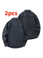 Men's Two-pc Non-Stretch Denim Shirts, Vintage Washed Workwear Long Sleeve Loose Fit Versatile Casual Jackets - Nostalgia + Black-Gray