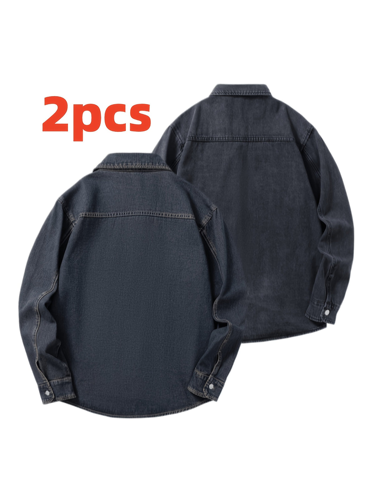 Men's Two-pc Non-Stretch Denim Shirts, Vintage Washed Workwear Long Sleeve Loose Fit Versatile Casual Jackets - Nostalgia + Black-Gray
