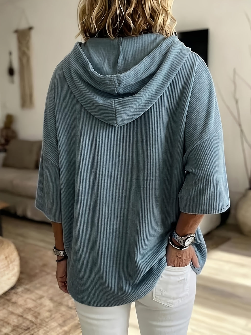 Women's Corduroy Hooded Sweatshirt with Drop Shoulder, Five-Part Sleeves, Loose Oversized Fit, Casual Hoodie Top - Blue