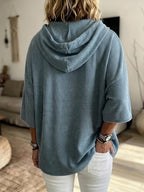 Women's Corduroy Hooded Sweatshirt with Drop Shoulder, Five-Part Sleeves, Loose Oversized Fit, Casual Hoodie Top - Blue