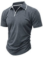 Summer Men'S Short Sleeve T-Shirt, Men'S Business Shirt, Round Neck Lapel Contrast Men'S T-Shirt, Casual Party, Suitable for Various Styles, Travel, Golf, Daily, Suburban Tourism, Family Travel, Parent-Teacher Meeting, Casual Short Sleeve Top, Knit - Grey