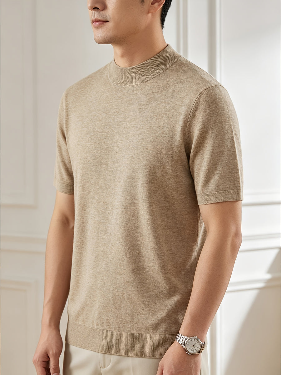 Men'S Solid Mock Neck Short Sleeve Knit Sweater, Soft Skin-Friendly Wool Blend Pullover, Stretch Slim Fit Basic Knit Top, Rib Neck Cuff, Business Commute Daily Casual Shirt, Versatile Inner And Outer Wear Men Base Layer - Camel