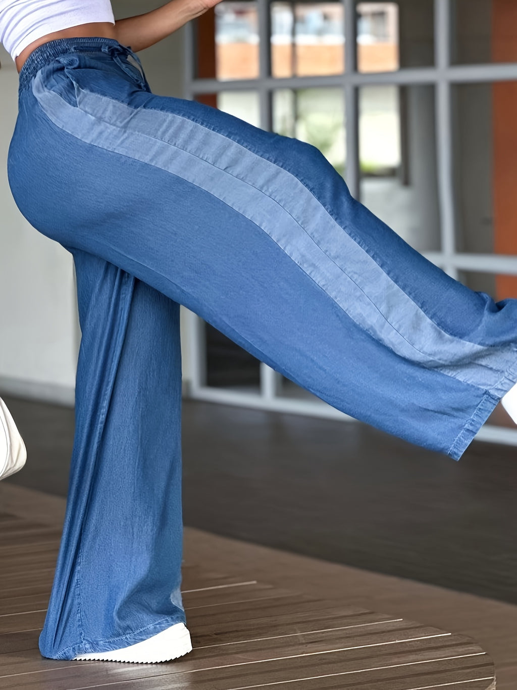 Y2K Imitation Denim Wide-Leg Pants | High-Waist Drawstring + Flowing Fabric, Lengthens Legs While Concealing Imperfections, Easy to Pair for Daily Commutes, Tallening and Hip-Hiding, Spring/Summer Commuter Pants for Lazy Days LL168 - Navy Color