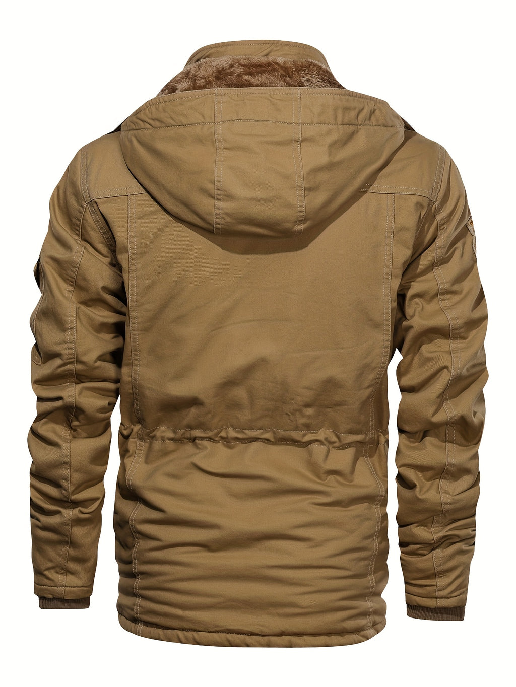 Men'S Fleece-Lined Thickened Jacket, Multi-Pocket Design, 100% Casual Outdoor Coat, Stand-Up Collar And Button Closure, Suitable for Autumn And Winter - Khaki