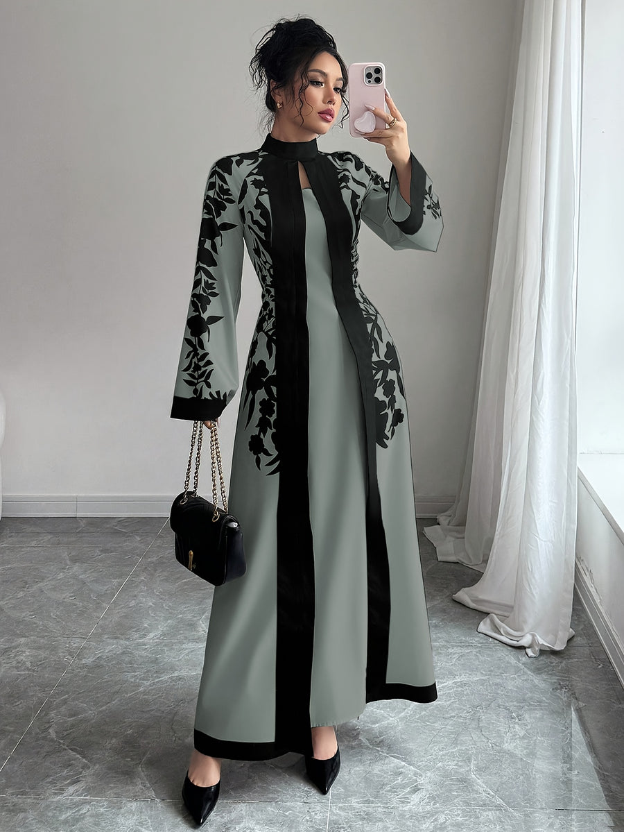 Fashionable Elegant Faux Two-Piece Fall/Winter New Floral Print Long Sleeve Maxi Dress - Grey