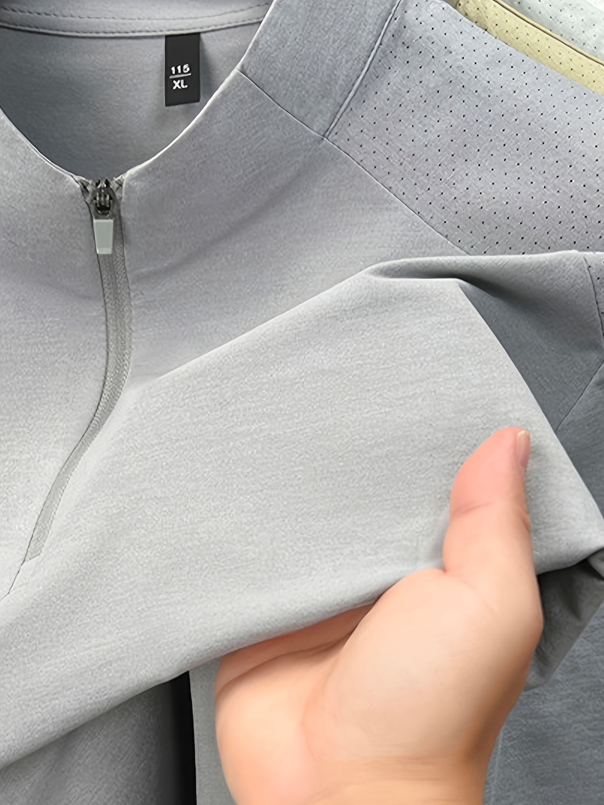 Men'S Summer Top T-Shirt, Half-Zipper Stand-Up Collar Design, Casual And Light Business Style, Adjustable Collar with Zipper, Balancing Ventilation And Styling; Mesh Shoulder Panel for Enhanced Breathability - Light Grey