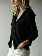 Women's Casual Hooded Cardigan, Button-Up Long Sleeve Top, Lightweight Loose Hooded Outerwear, Suitable for Daily/Commute/Vacation Multi-Scene Wear, Gavin - Black
