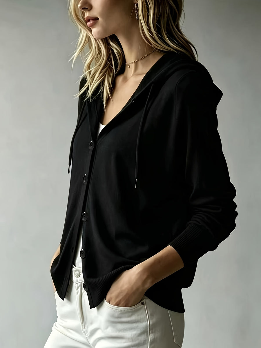 Women's Casual Hooded Cardigan, Button-Up Long Sleeve Top, Lightweight Loose Hooded Outerwear, Suitable for Daily/Commute/Vacation Multi-Scene Wear, Gavin - Black