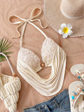 New Summer Y2K Spicy Solid Color Three-Dimensional Floral Print Halter Neck Tube Top, Vacation Style Backless Design Statement Outerwear Spicy Crop Top - Off-white