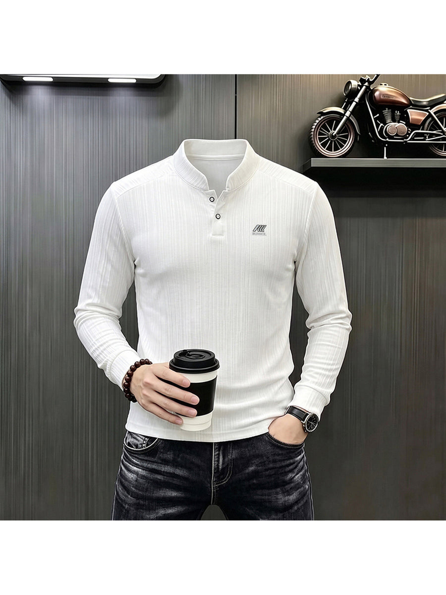 Men'S Henley Collar Vertical Stripe Stretch Long Sleeve T-Shirt - White