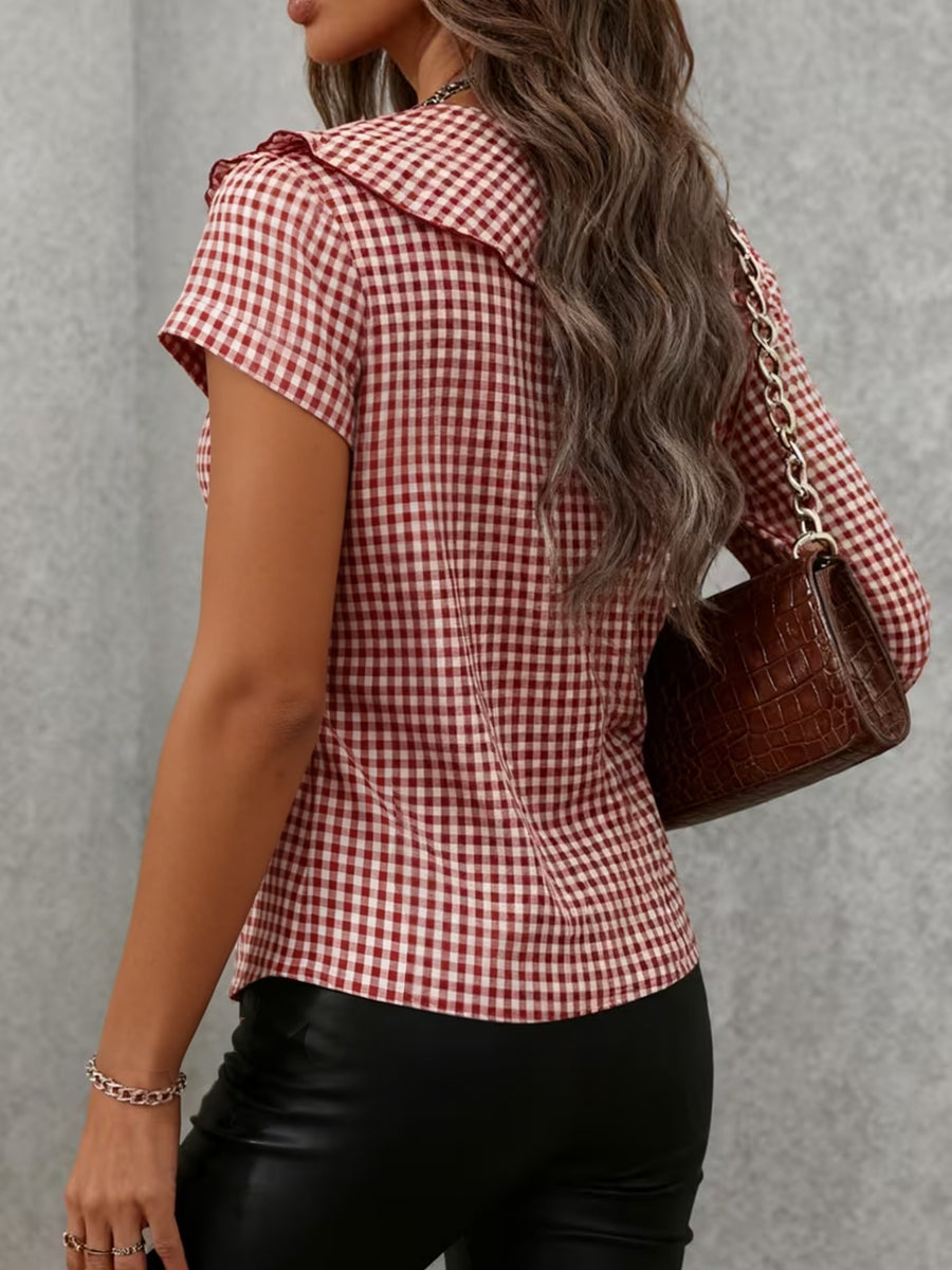 Elegant and Cute Daily Butterfly Collar Short-sleeve Blouse Top, Featuring a Classic Two-tone Plaid Pattern and a Front Tie Bow Design, Suitable for Daily Wear and Casual Outings - Red