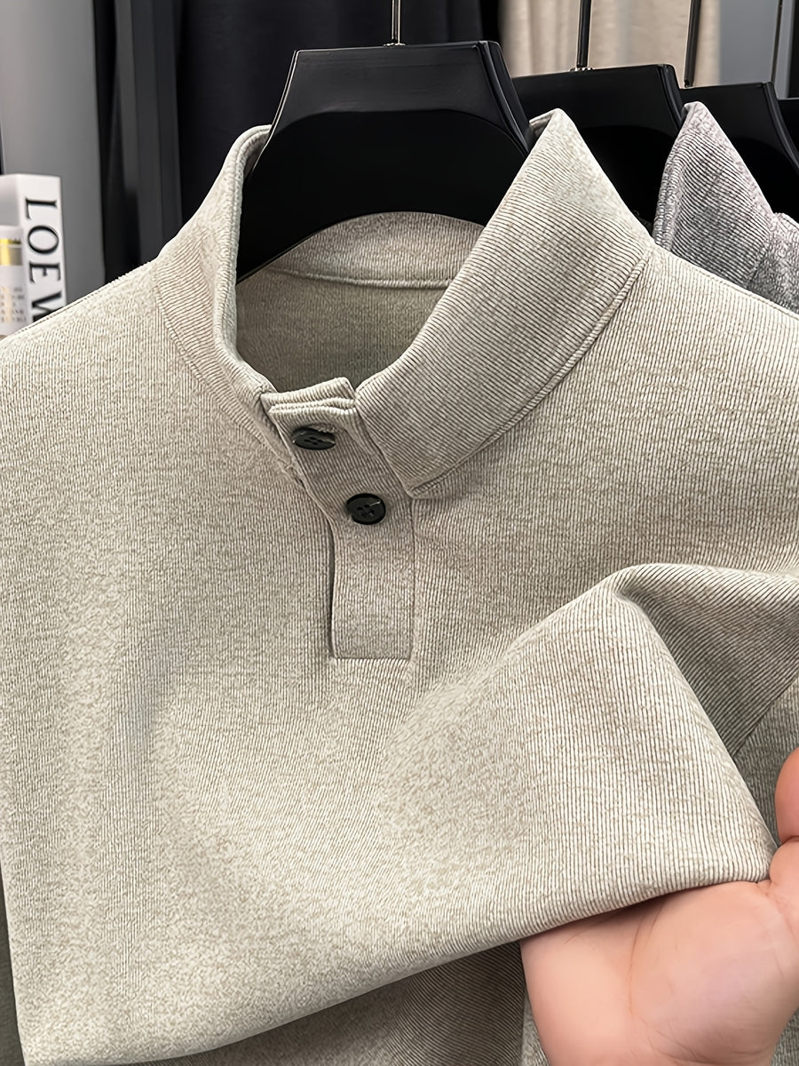 Men's Floral Yarn Stand Collar Long Sleeve Top, Multi-Color Options for Autumn, Half-Button Pullover Base Layer, Fine, Skin-Friendly, and Comfortable Fabric, Suitable for Business Commuting and Business Trips, Loose and Casual Men's Wear for Fishing - Light Oats