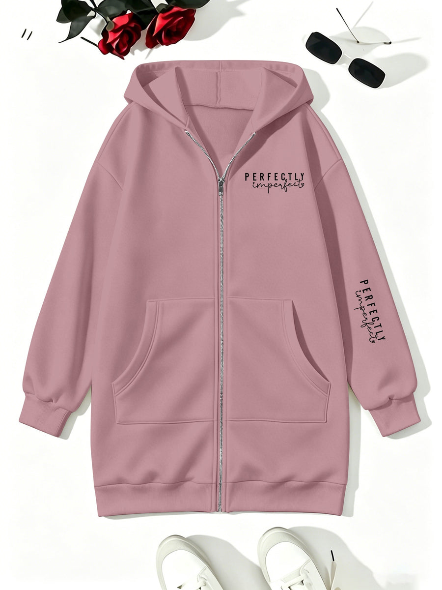Loose-fit Mid-length Cardigan Hooded Sweatshirt with Letter Print - Dark Pink