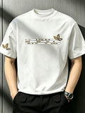 Men's Retro Brown-Tone Fallen-Leaf Geometric Line Print Short-Sleeve T-Shirt Dual-Position Print On Chest & Sleeve Casual Crew Neck Top-Summer Loose Breathable Crew Neck Base Short Sleeve - White