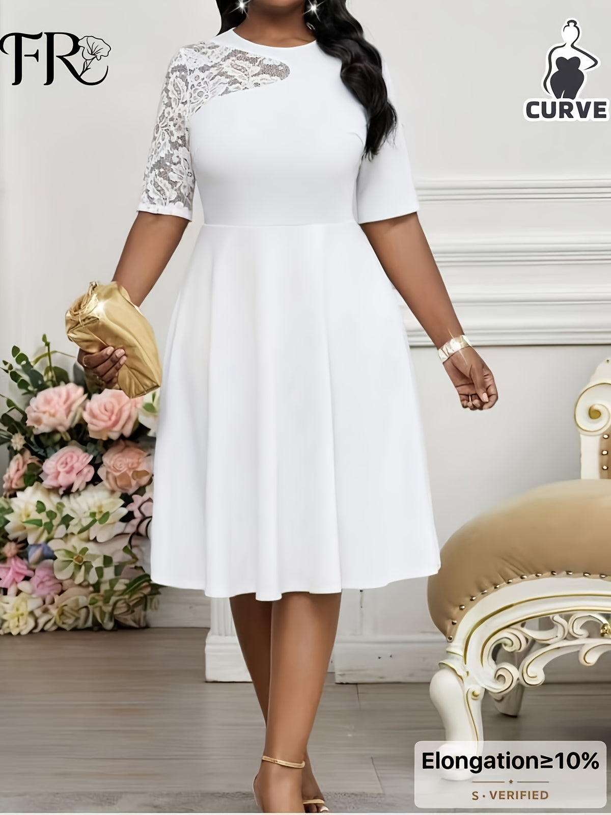Women's Elegant Party Style Solid Color Lace Spliced Midi Dress, Easter Formal Dress, Women's Graduation Gown, Wedding Guest Attire, Women's Vacation Bohemian Cruise Outfit, Women's Formal Gown, Accessories Not Included - Ivory White