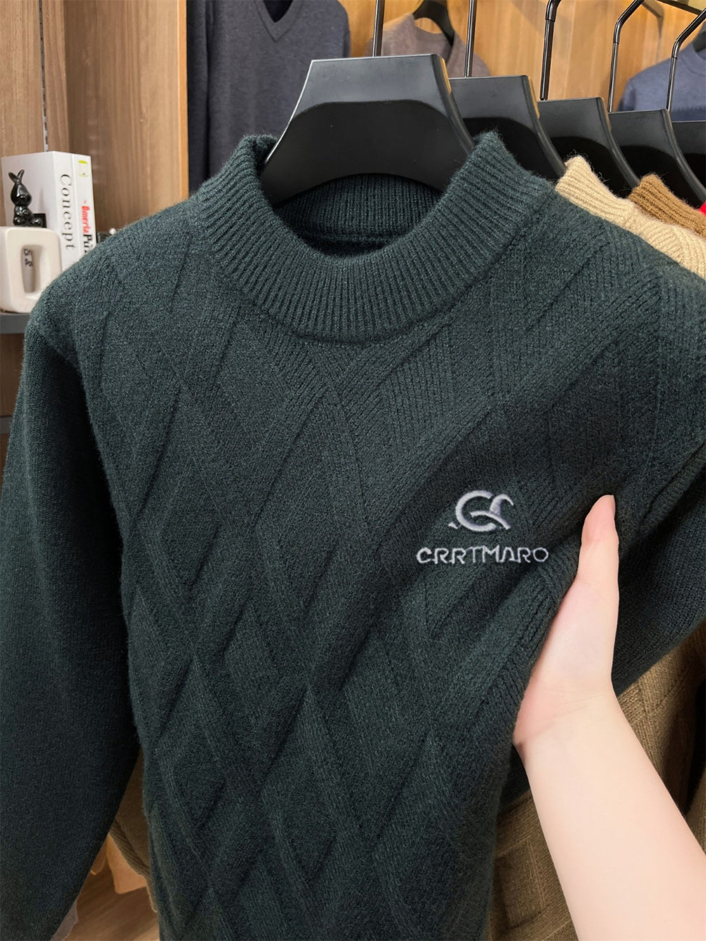 ZBZP Autumn Winter Knit 3D Solid Mid-High Neck Sweater, Basic Knit Pullover Top for Men, Fashion Long Sleeve Sweater SYD - Dark Green