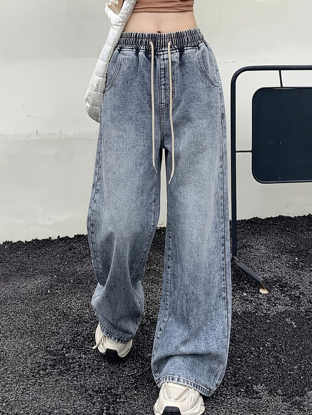 Women'S Drawstring Belt, Casual And Versatile for Daily Wear with Wide-Leg Jeans - Bright Steel Blue