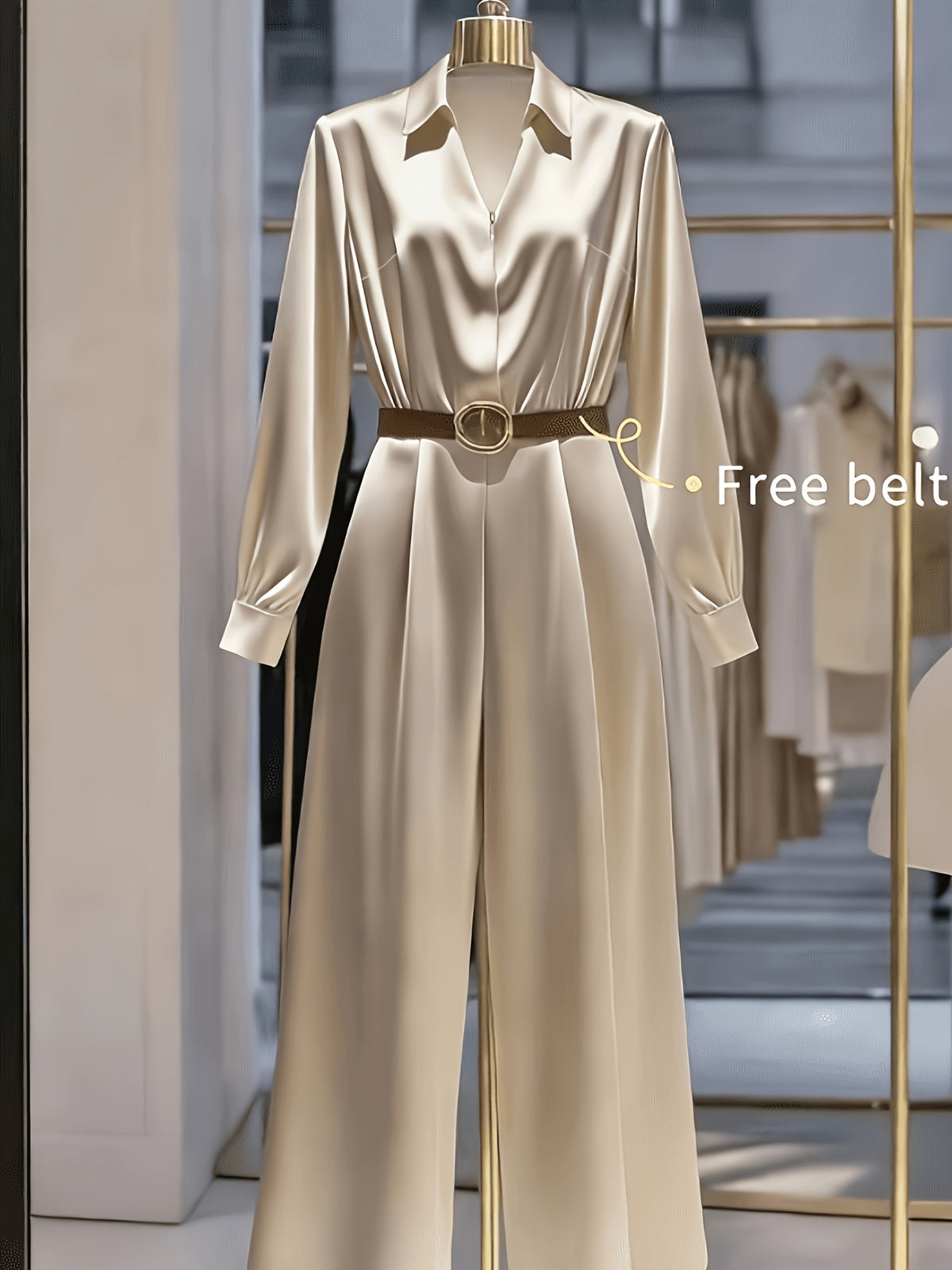Ladies' Elegant Solid Color V-Neck Jumpsuit - Khaki