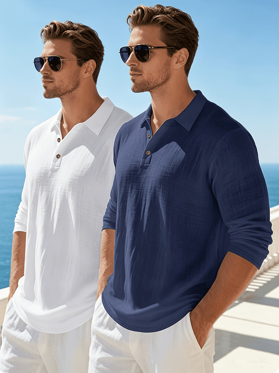 Men'S Textured Collar Button Polo Shirt, Regular Breathable Casual Outdoor Sports Versatile Top, 2pcs Set - White + Navy Blue