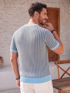 Summer Vertical Striped Knit Sweater Short Sleeve, Men'S Breathable Round Neck Vacation Casual Top - Sky Blue